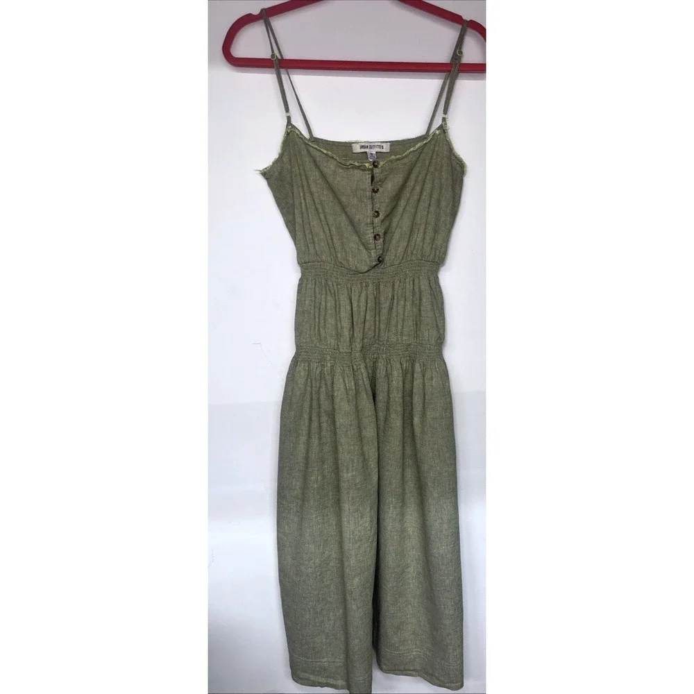 Urban Outfitters Linen Blend Midi Dress Sage Olive Green Smocked Button Front M - Picture 1 of 13